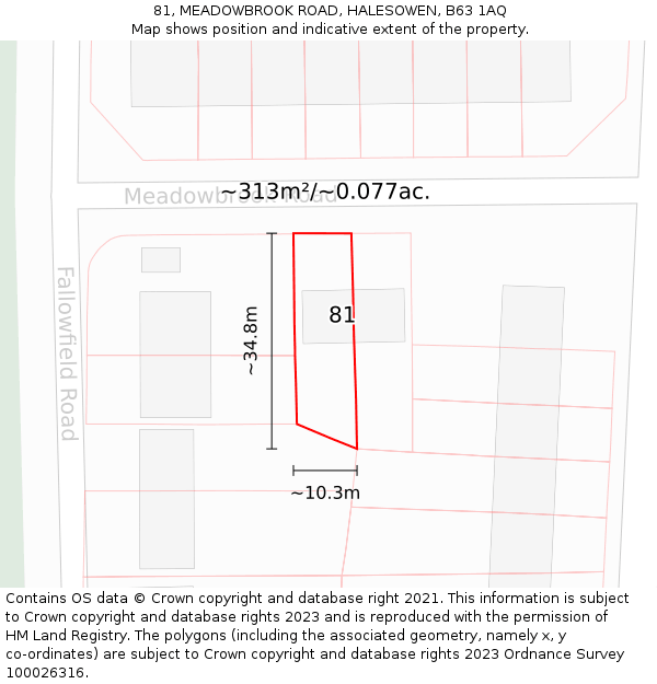 81, MEADOWBROOK ROAD, HALESOWEN, B63 1AQ: Plot and title map