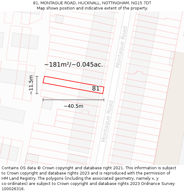 81, MONTAGUE ROAD, HUCKNALL, NOTTINGHAM, NG15 7DT: Plot and title map