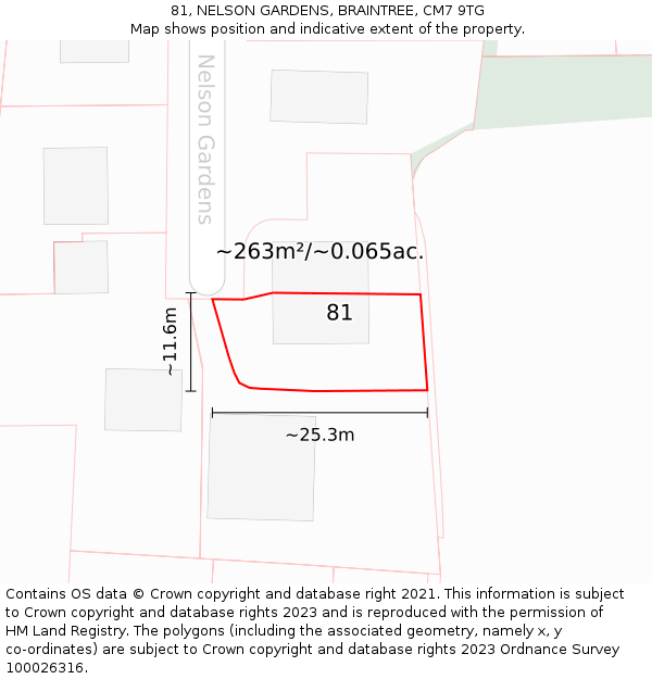 81, NELSON GARDENS, BRAINTREE, CM7 9TG: Plot and title map
