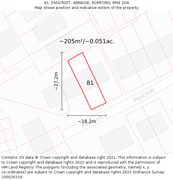 81, PANCROFT, ABRIDGE, ROMFORD, RM4 1DA: Plot and title map