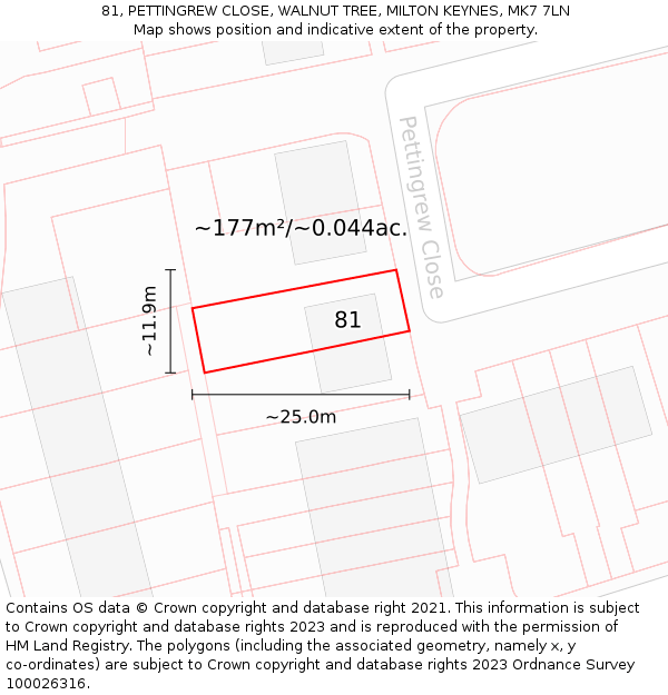 81, PETTINGREW CLOSE, WALNUT TREE, MILTON KEYNES, MK7 7LN: Plot and title map