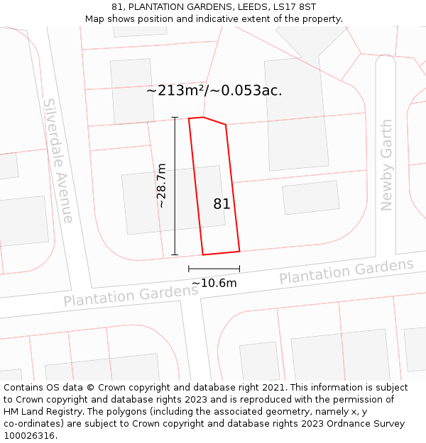81, PLANTATION GARDENS, LEEDS, LS17 8ST: Plot and title map