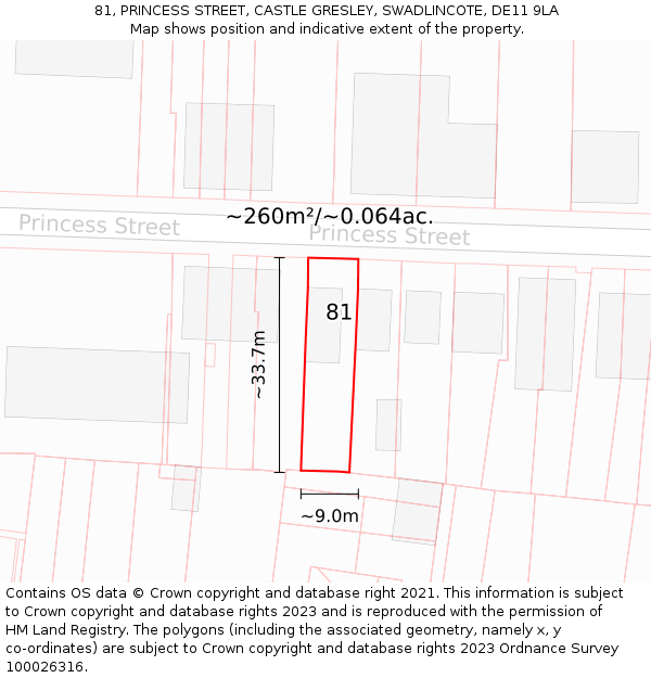81, PRINCESS STREET, CASTLE GRESLEY, SWADLINCOTE, DE11 9LA: Plot and title map