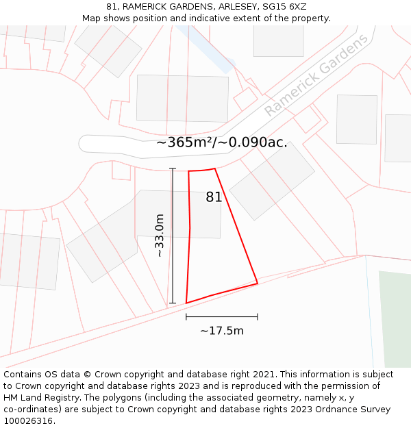 81, RAMERICK GARDENS, ARLESEY, SG15 6XZ: Plot and title map