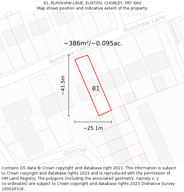 81, RUNSHAW LANE, EUXTON, CHORLEY, PR7 6AX: Plot and title map