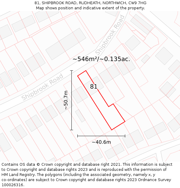 81, SHIPBROOK ROAD, RUDHEATH, NORTHWICH, CW9 7HG: Plot and title map