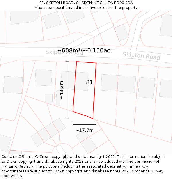 81, SKIPTON ROAD, SILSDEN, KEIGHLEY, BD20 9DA: Plot and title map