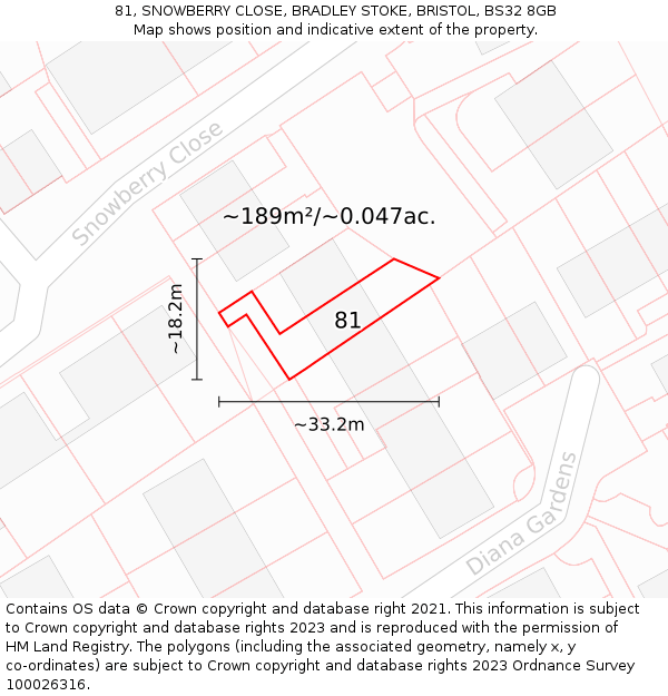81, SNOWBERRY CLOSE, BRADLEY STOKE, BRISTOL, BS32 8GB: Plot and title map