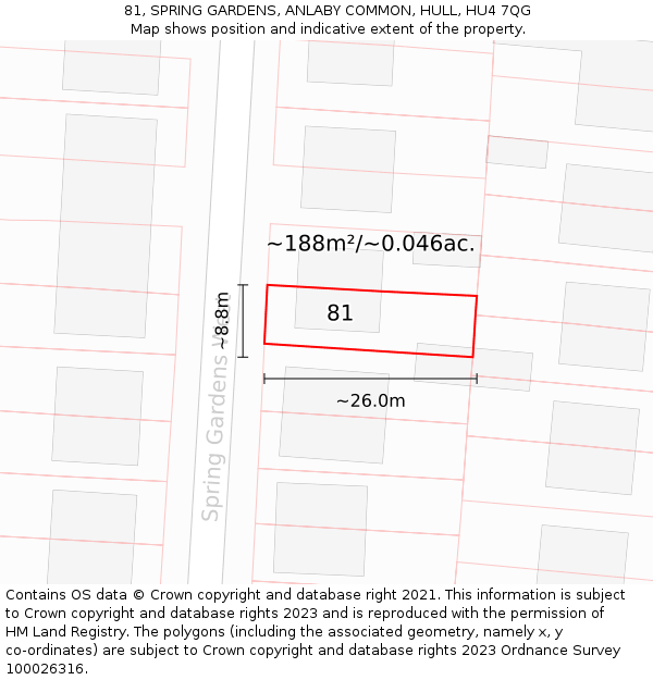81, SPRING GARDENS, ANLABY COMMON, HULL, HU4 7QG: Plot and title map