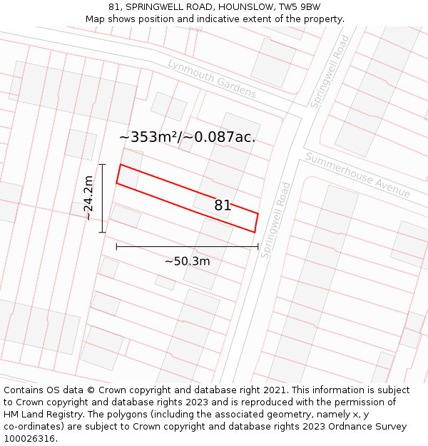 81, SPRINGWELL ROAD, HOUNSLOW, TW5 9BW: Plot and title map