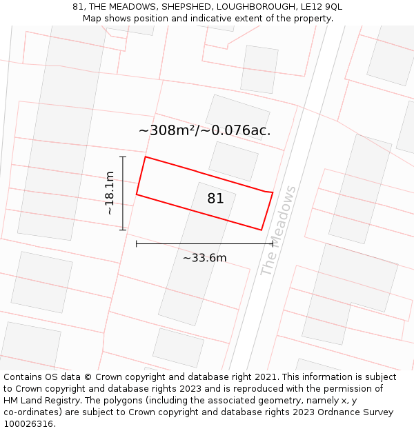 81, THE MEADOWS, SHEPSHED, LOUGHBOROUGH, LE12 9QL: Plot and title map