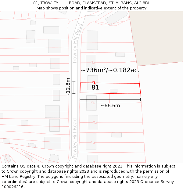 81, TROWLEY HILL ROAD, FLAMSTEAD, ST. ALBANS, AL3 8DL: Plot and title map
