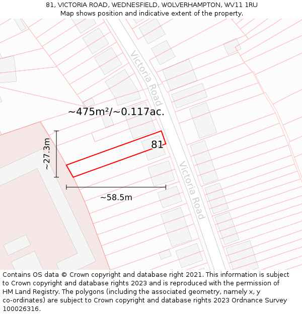81, VICTORIA ROAD, WEDNESFIELD, WOLVERHAMPTON, WV11 1RU: Plot and title map