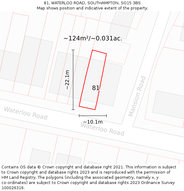 81, WATERLOO ROAD, SOUTHAMPTON, SO15 3BS: Plot and title map