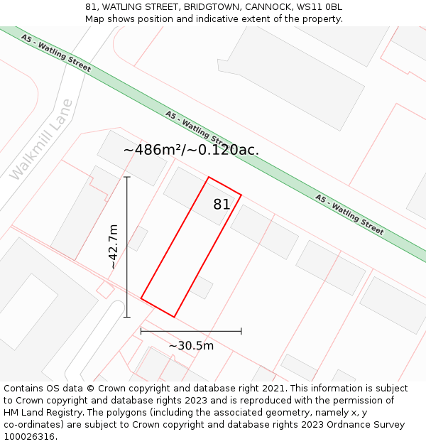 81, WATLING STREET, BRIDGTOWN, CANNOCK, WS11 0BL: Plot and title map