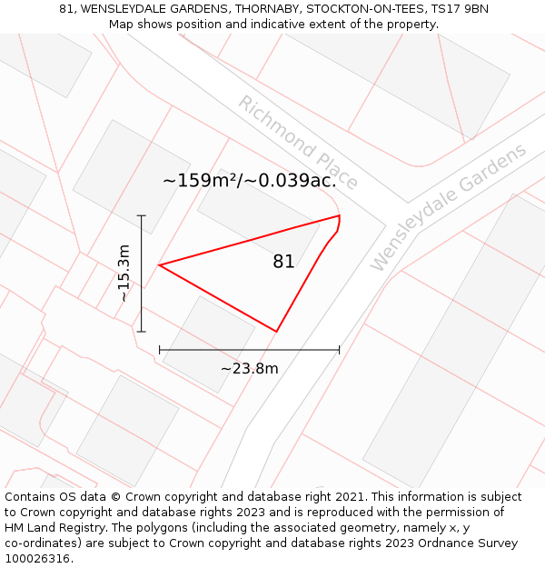81, WENSLEYDALE GARDENS, THORNABY, STOCKTON-ON-TEES, TS17 9BN: Plot and title map