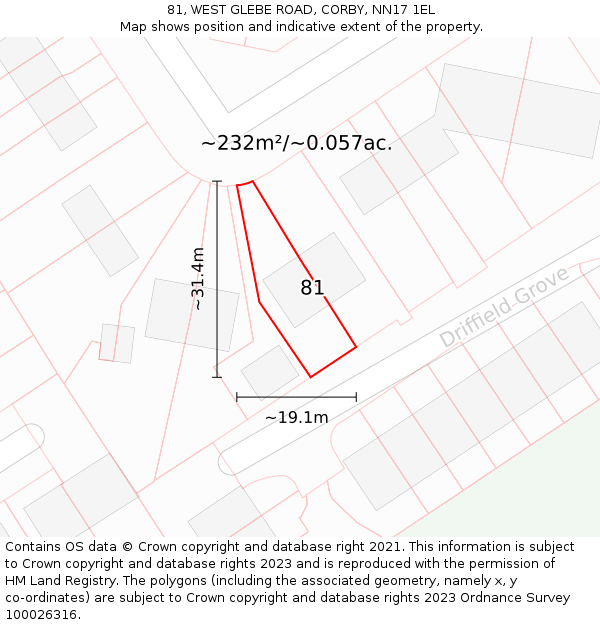 81, WEST GLEBE ROAD, CORBY, NN17 1EL: Plot and title map