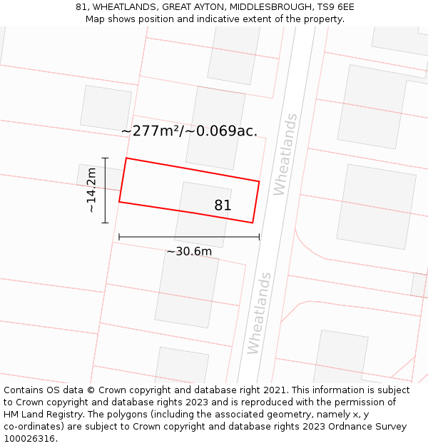 81, WHEATLANDS, GREAT AYTON, MIDDLESBROUGH, TS9 6EE: Plot and title map