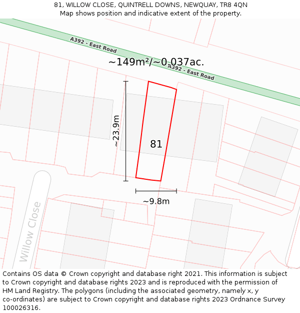 81, WILLOW CLOSE, QUINTRELL DOWNS, NEWQUAY, TR8 4QN: Plot and title map