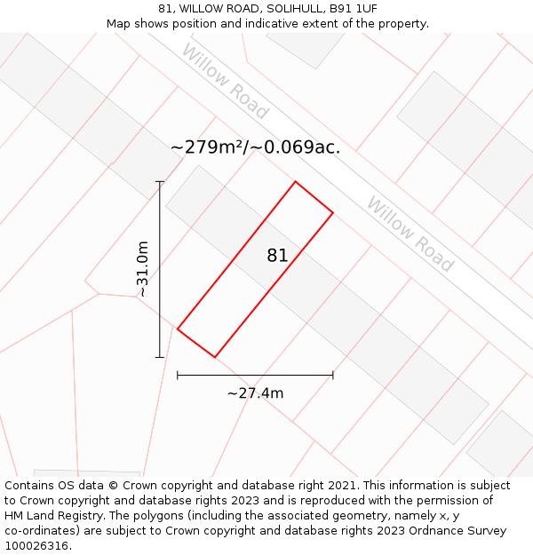 81, WILLOW ROAD, SOLIHULL, B91 1UF: Plot and title map