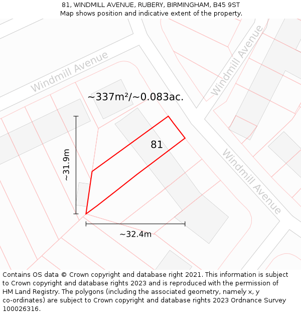 81, WINDMILL AVENUE, RUBERY, BIRMINGHAM, B45 9ST: Plot and title map