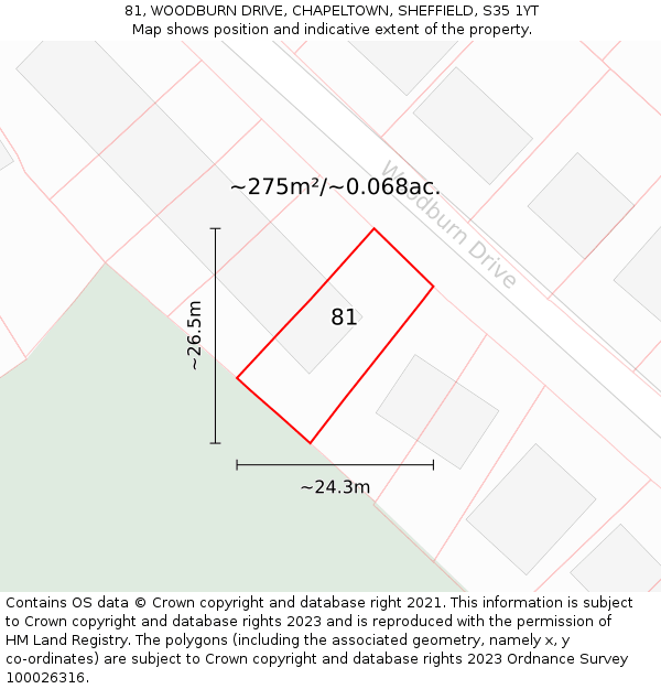 81, WOODBURN DRIVE, CHAPELTOWN, SHEFFIELD, S35 1YT: Plot and title map