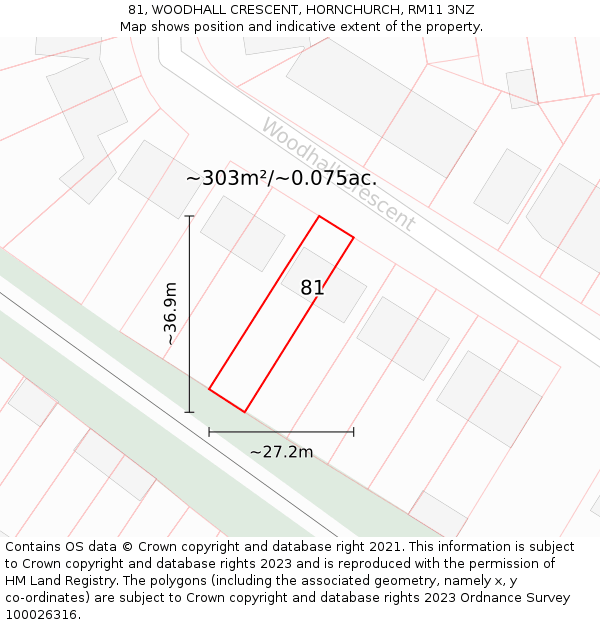 81, WOODHALL CRESCENT, HORNCHURCH, RM11 3NZ: Plot and title map