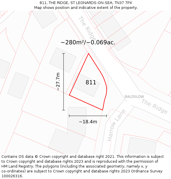 811, THE RIDGE, ST LEONARDS-ON-SEA, TN37 7PX: Plot and title map