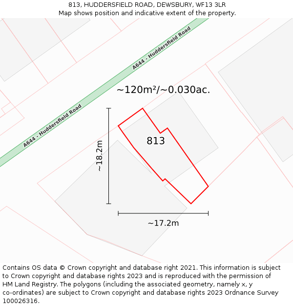 813, HUDDERSFIELD ROAD, DEWSBURY, WF13 3LR: Plot and title map