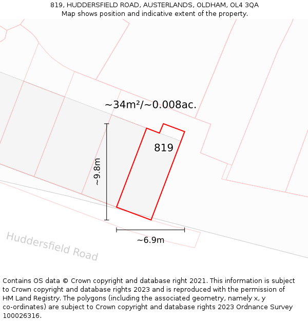 819, HUDDERSFIELD ROAD, AUSTERLANDS, OLDHAM, OL4 3QA: Plot and title map