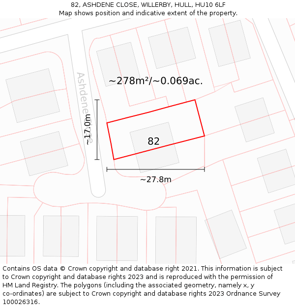 82, ASHDENE CLOSE, WILLERBY, HULL, HU10 6LF: Plot and title map