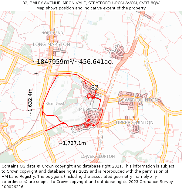 82, BAILEY AVENUE, MEON VALE, STRATFORD-UPON-AVON, CV37 8QW: Plot and title map