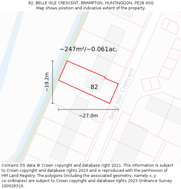 82, BELLE ISLE CRESCENT, BRAMPTON, HUNTINGDON, PE28 4SQ: Plot and title map