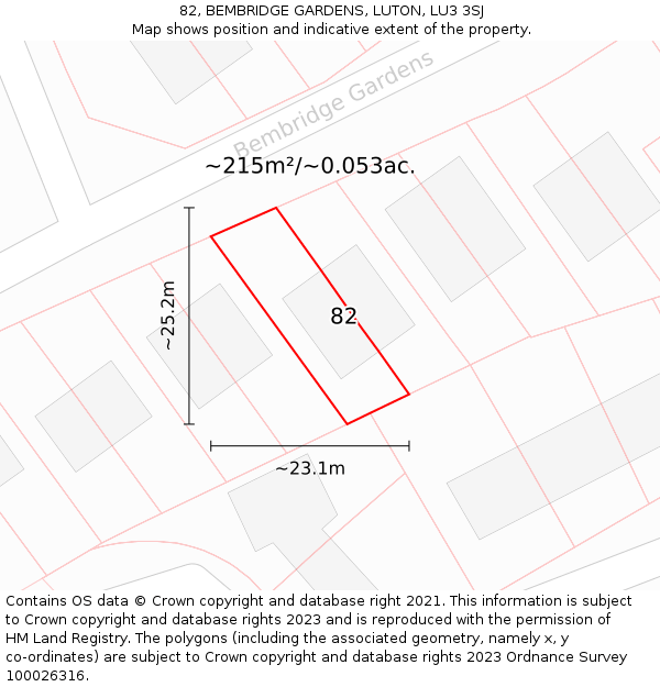 82, BEMBRIDGE GARDENS, LUTON, LU3 3SJ: Plot and title map