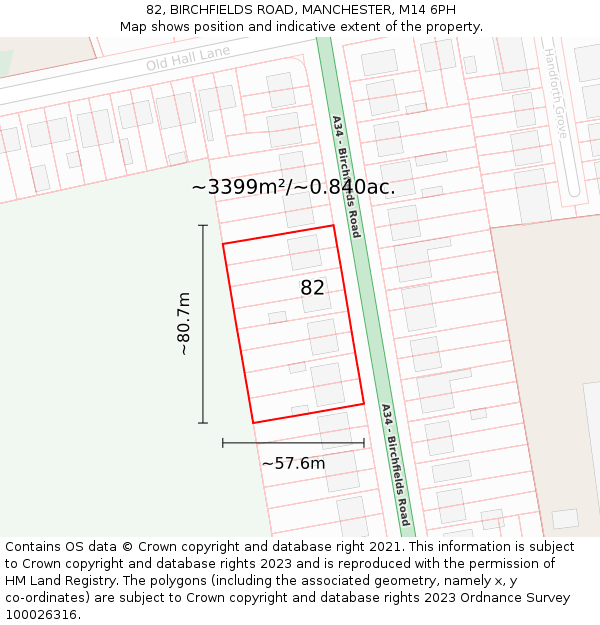 82, BIRCHFIELDS ROAD, MANCHESTER, M14 6PH: Plot and title map