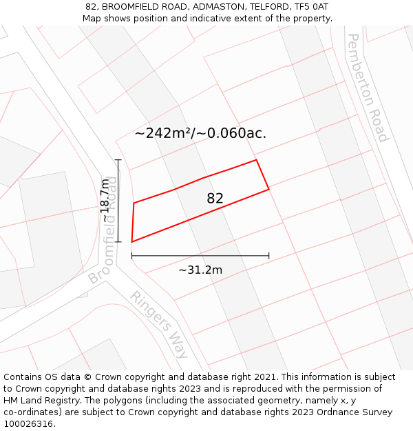 82, BROOMFIELD ROAD, ADMASTON, TELFORD, TF5 0AT: Plot and title map