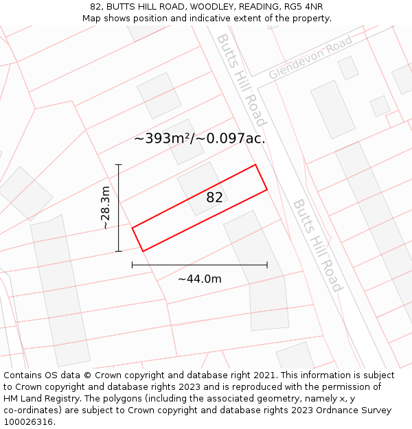 82, BUTTS HILL ROAD, WOODLEY, READING, RG5 4NR: Plot and title map