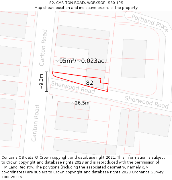 82, CARLTON ROAD, WORKSOP, S80 1PS: Plot and title map
