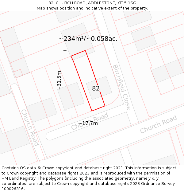 82, CHURCH ROAD, ADDLESTONE, KT15 1SG: Plot and title map