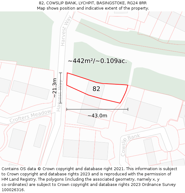 82, COWSLIP BANK, LYCHPIT, BASINGSTOKE, RG24 8RR: Plot and title map