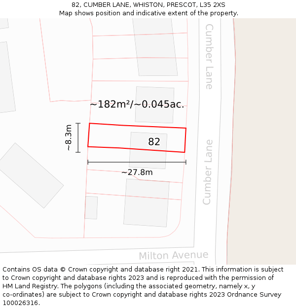 82, CUMBER LANE, WHISTON, PRESCOT, L35 2XS: Plot and title map