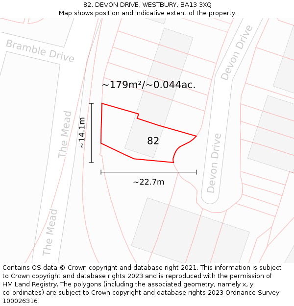 82, DEVON DRIVE, WESTBURY, BA13 3XQ: Plot and title map