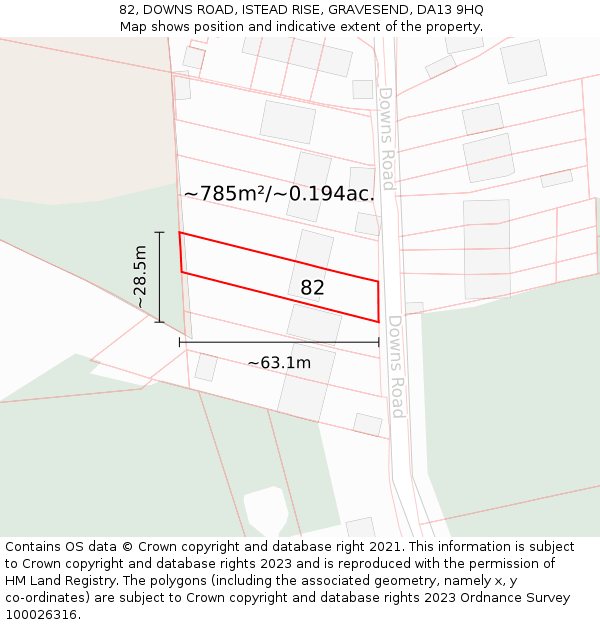 82, DOWNS ROAD, ISTEAD RISE, GRAVESEND, DA13 9HQ: Plot and title map