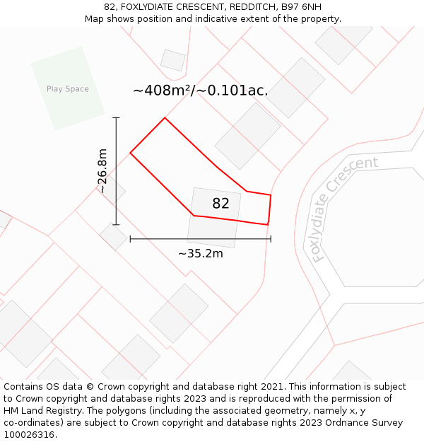 82, FOXLYDIATE CRESCENT, REDDITCH, B97 6NH: Plot and title map