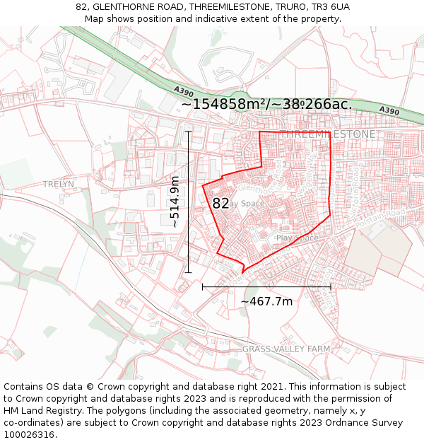 82, GLENTHORNE ROAD, THREEMILESTONE, TRURO, TR3 6UA: Plot and title map