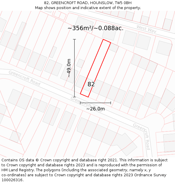 82, GREENCROFT ROAD, HOUNSLOW, TW5 0BH: Plot and title map