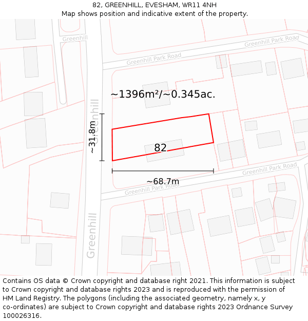 82, GREENHILL, EVESHAM, WR11 4NH: Plot and title map