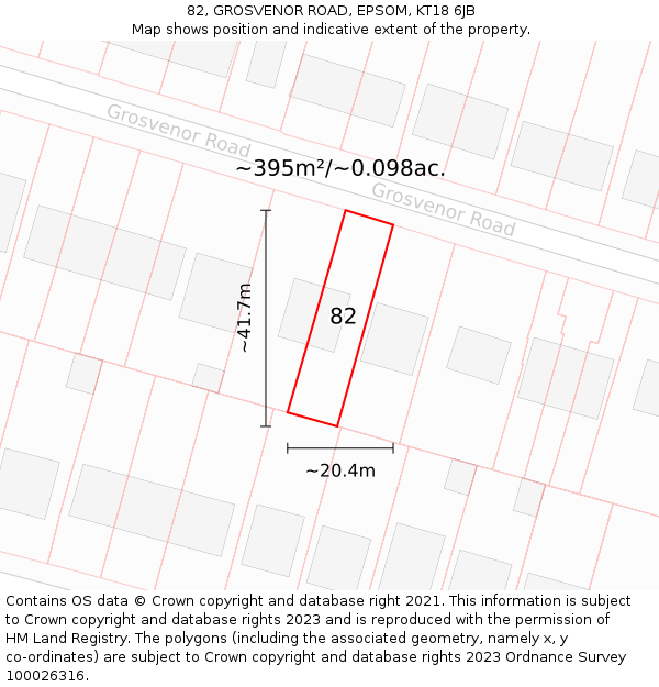 82, GROSVENOR ROAD, EPSOM, KT18 6JB: Plot and title map