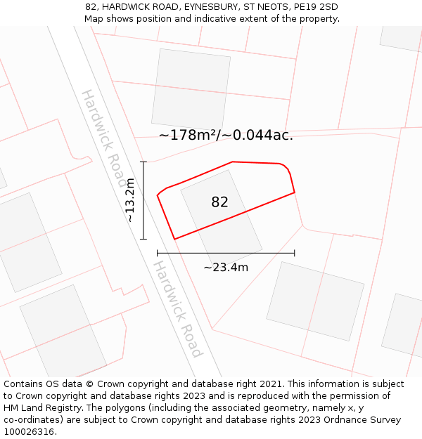 82, HARDWICK ROAD, EYNESBURY, ST NEOTS, PE19 2SD: Plot and title map