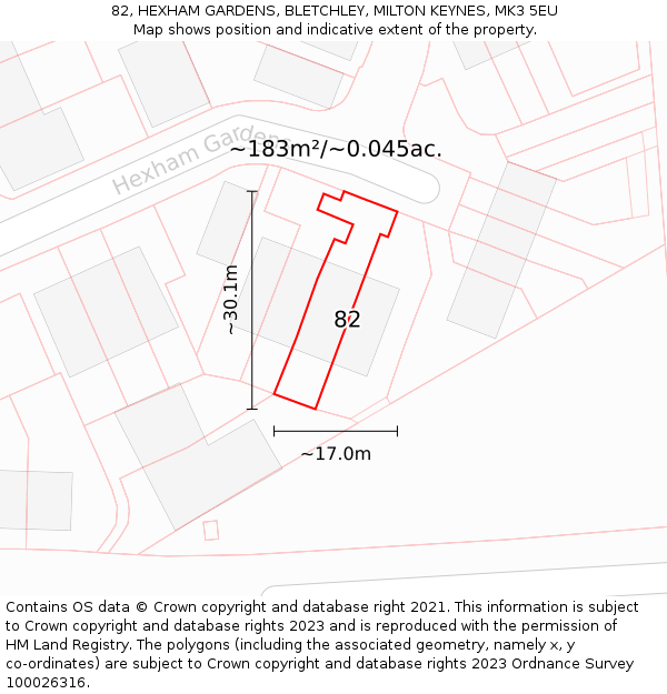 82, HEXHAM GARDENS, BLETCHLEY, MILTON KEYNES, MK3 5EU: Plot and title map